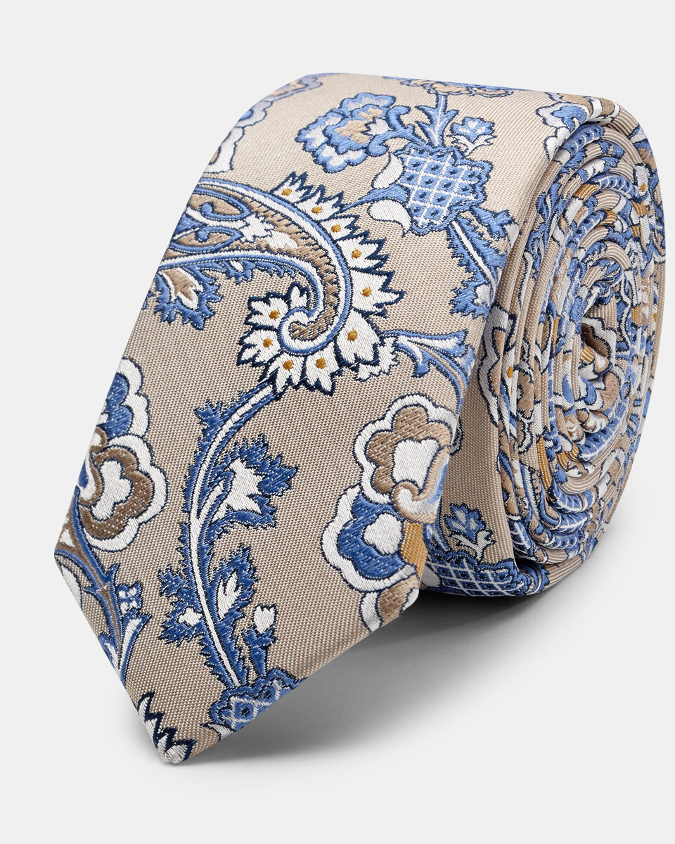 Serrato Ultra Slim Jacobean Paisley Silk Tie, Natural, hi-res